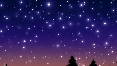 Ağaçların siluetinin üzerinde yıldızlı gece gökyüzü animasyonu. Yıldızlar, doğa, akşam, parıltı, kozmik, galaksi