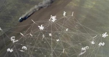 Küresel para birimi sembollerinin ve ağ bağlantılarının traktörle birlikte canlandırılması. Finans, tarım, teknoloji, bağlantı, tarım, ekonomi