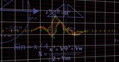 Matematiksel denklemler ve grafikler şebeke arka planında dalgalanan veri hatları üzerinde canlandırılıyor. Animasyon, matematik