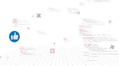 Sayısal kod arkaplanı üzerinde simgeleri ve kırmızı haçları parmakla işaretler. Teknoloji, kodlama, ikili değer, semboller