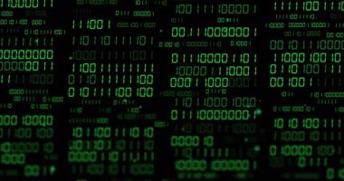 Siyah arkaplanda ikili kod işleme animasyonu. Teknoloji, dijital, programlama, veri, matris, fütürist