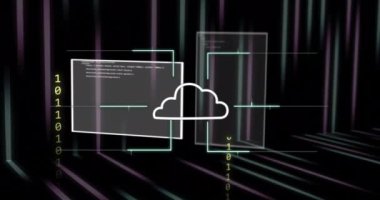 Dijital veri ve ikili kod arkaplanı üzerinden bulut bilgisayar ağı animasyonu. Teknoloji, bilgi