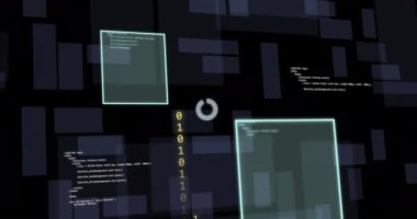 İkili kod ve teknik diyagramlarla dijital veri işleme animasyonu. Teknoloji