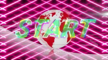 Metin animasyonu dünya ve neon şebeke arkaplanı üzerinden başlatılıyor. retro, digital, technology, futuristic, siberspace, synthwave