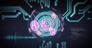 Devre kartı arka planında dijital ağ ve veri işleme animasyonu. Teknoloji, yenilik, ağ oluşturma, elektronik