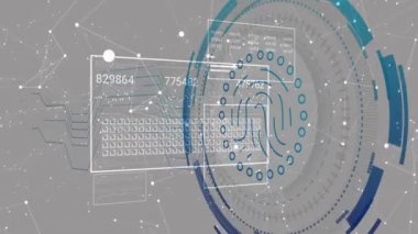 Soyut ağ bağlantıları üzerinden dijital parmak izi ve veri işleme animasyonu. Siber güvenlik, dijital kimlik, veri koruması, biyometrik, ağ, teknoloji