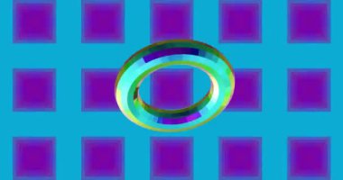 Geometrik desenli arka plan üzerinde dönen renkli halka animasyonu. Özet, canlı, dijital, döngü