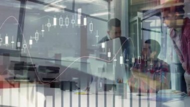 Ofiste işbirliği yapan çeşitli iş adamları için finansal veri tablosu animasyonu. takım çalışması, işbirliği, finans, analitik, çeşitlilik, profesyonel