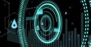 Fütürist dijital arayüz animasyonunda sağlık simgeleriyle tıbbi veriler işleniyor. Teknoloji, sağlık, yenilik, veri analizi