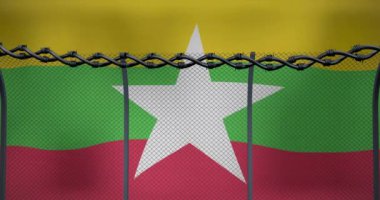 Myanmar bayrak animasyonu üzerinde dikenli teller ve zincir halkalar. Çatışma, güvenlik, sınırlar, ulusal, siyaset, koruma