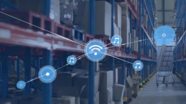 Müzik ve Wi-Fi animasyonları raflar ve kutularla dolu bir depoda. lojistik, teknoloji, bağlantı, ağ, envanter, semboller
