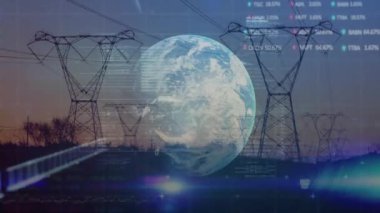 Enerji hatları ve finansal istatistikler üzerinde veri işleme animasyonu olan bir dünya. Teknoloji, dijital, analitik, elektrik, finans, küresel