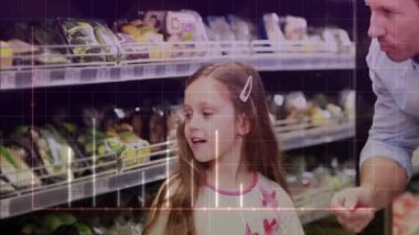 Kafkasyalı baba ve kız alışverişi üzerine finansal veri işleme animasyonu. Küresel alışveriş, finans, perakende ve dijital arayüz kavramı, dijital olarak oluşturulmuş video.