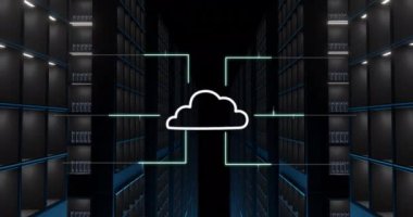 Sunucu raflarıyla veri merkezinin üzerinde bulut hesaplama ağı animasyonu. Teknoloji, altyapı konsepti