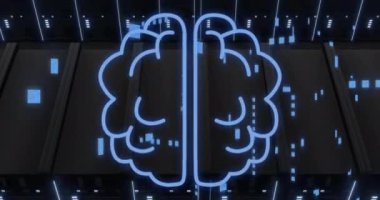 Veri merkezindeki sunucu raflarının üzerinde beyin simgesi ve veri işleme animasyonu. Teknoloji, veri depolama, yapay zeka, ağ oluşturma, siber güvenlik, yenilik