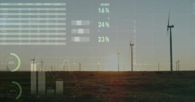 Rüzgâr türbinleri, test yüzdelerini ve grafiklerini gösteren veri görselleştirmesi alanında. Yenilenebilir enerji, rüzgar gücü, teknoloji, analitik, sürdürülebilirlik