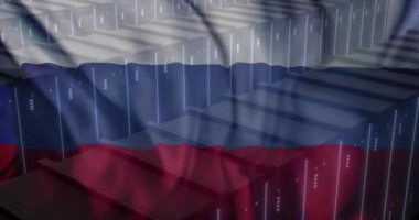 Veri merkezindeki sıra sıra sunucuların üzerinde Rus bayrağı animasyonu. Teknoloji, veri depolama, siber ağ, bilişim, telekomünikasyon kavramı