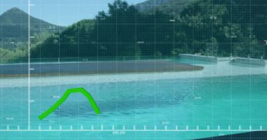 Yüzme havuzunun üzerinde yeşil çizgi grafik animasyonu ve arka planda dağlar. Finans, analitik, büyüme, veri, başarı, doğa