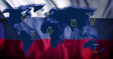 Rus bayrağı üzerinde farklı saat dilimleri gösteren dünya haritası. Coğrafya, küresel, uluslararası