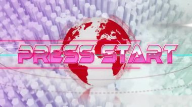 Dünya ve soyut geometrik şekiller üzerinde metin animasyonunu başlat tuşuna basın. Teknoloji, dijital, fütüristik, küresel, sanal, canlı