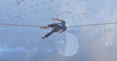 İpte dengede duran, finansal verilerin ve borsa animasyonunun üstündeki kişi. Finans, risk, yatırım, hisse senedi, zorluk, strateji