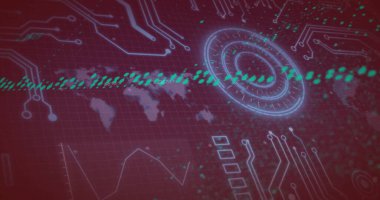 Kırmızı arkaplan üzerinde dijital dünya haritası ve devre kartı resmi var. Teknoloji, fütürist, yenilik, analitik, yüksek teknoloji, siber uzay