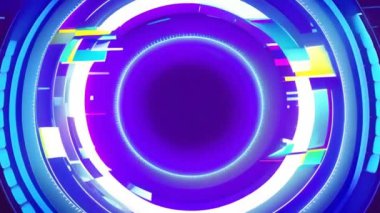 Dairesel neon ışıklar ve geometrik şekiller canlı renklerde animasyonu canlandırır. 