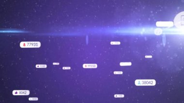 Mor arkaplandaki dijital aygıtlar üzerinden ağ bağlantıları ve bildirimler canlandırılıyor. Ağ, animasyon, teknoloji, iletişim, soyut