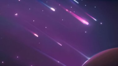 Mor ve pembe kayan yıldızlar gece gökyüzünde parlayan parçacıklarla canlanıyor. Fantezi, kozmos, kozmik, galaksi, gök kubbe, ışıltı