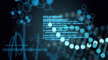 Animasyonda bilimsel veriler, DNA iplikleri ve altıgen şekiller işleniyor. Bilim, teknoloji, biyoloji, deney, araştırma, fütürist