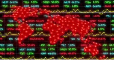 Kırmızı ağ bağlantıları olan dünya haritası üzerinde borsa veri animasyonu. Finans, küresel, ağ, dijital, teknoloji, ekonomi