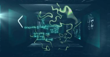 Soyut karanlık arkaplan üzerinde matematiksel denklemler ve formüller canlandırılıyor. Matematik, bilim, teknoloji, fütüristik, hesaplama, eğitim