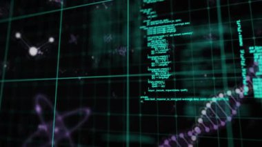 Animasyon DNA ipliği ve bilimsel semboller şebeke arka planında. Biyoteknoloji, genetik, bilim, moleküler, araştırma, dijital