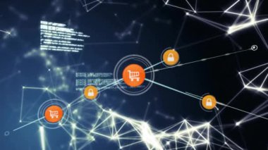 Dijital kod ve bağlantılar üzerinden ağ güvenliği ve e-ticaret animasyonu. Siber güvenlik, şifreleme, veri, teknoloji, internet, çevrimiçi