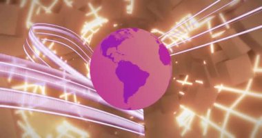 Etrafı geometrik şekillerle çevrili mor kıtalar ve çizgilerle dönen küre. Küresel, gezegen, dünya, soyut, geleceksel, dijital