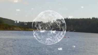 Ağ bağlantıları ve veriler dingin göl ve orman geçmişi üzerindeki animasyonu gösteriyor. Teknoloji, bağlantı, dijital, iletişim, yenilik, doğa