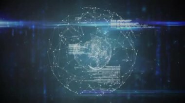Birbirine bağlı düğümler ve veri işleme animasyonları dijital arkaplan üzerinde dünya ile. Ağ, teknoloji, küresel iletişim, internet, siber güvenlik