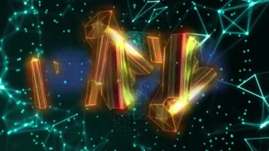 Parlayan geometrik şekiller, bağlantı ağı ve veri noktaları üzerinde animasyon oluşturur. Teknoloji, dijital, geleceksel, yenilik, siber, tasarım