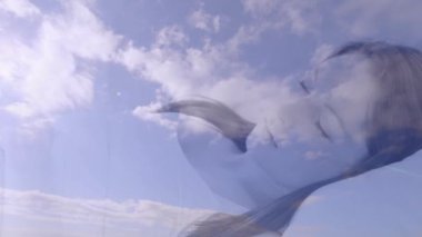 Gökyüzü ve bulut animasyonu üzerinde kapalı gözleri olan hayalperest kadın. Huzur, sükunet, hayal gücü, rahatlama, huzur dolu, fantezi