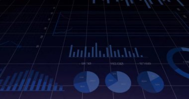 Gün batımında elektrik hatları, finansal grafikler ve veri işleme animasyonlarıyla. Elektrik, enerji, teknoloji, finans, analitik, altyapı