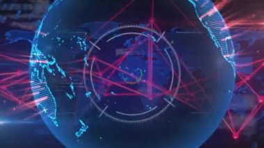 Dünya haritası üzerinde ağ bağlantıları ve veri işleme animasyonuna sahip dijital dünya. Teknoloji, bağlantı, küresel, gelecekçi