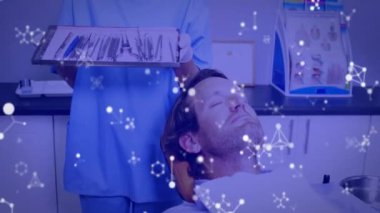 Tıbbi aletler ve moleküler yapı animasyonu diş hekimi profesyonel ve hasta üzerinde. Sağlık, diş sağlığı, yenilik, fütüristik, teknoloji, tedavi