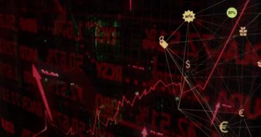 Borsa verilerinin canlandırılması ve kırmızı grafikler ve para birimi sembolleri üzerinde finansal büyüme. Finans, animasyon, grafikler, yatırım, istatistik
