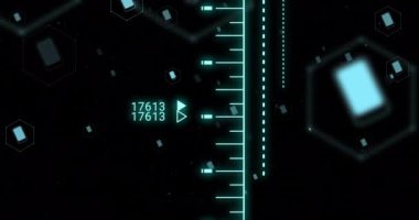 Altıgenli dijital veri işleme animasyonu ve koyu arkaplan üzerinde numaralar. Teknoloji, fütürist, soyut