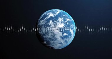 Uzay arkaplanı üzerinde ses dalgası animasyonuyla Dünya 'yı döndürmek. dönüş, ses dalgası, galaksi, evren, dijital