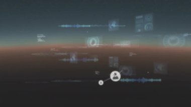 Dijital arayüz arkaplanı üzerinden veri işleme ve ağ bağlantıları animasyonu. Teknoloji, siber güvenlik