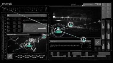 Teknik arayüz üzerinden bağlantı ağı ve veri işleme animasyonu. Teknoloji, ağ, dijital, bağlantı, siber uzay