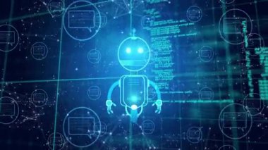 Parlak gözlü robot, devre şemaları, fütüristik teknoloji animasyonu. robotik, devreler, siber, yapay, zeka