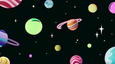 Dış uzay animasyonundaki renkli gezegenler ve yıldızlar. Kozmos, galaksi, evren, gök, astronomi, bilim kurgu