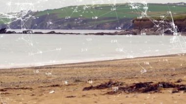 Bağlantılar ve veriler plaj ve okyanus manzarası üzerindeki animasyonu gösteriyor. Teknoloji, dijital, geleceksel, görselleştirme